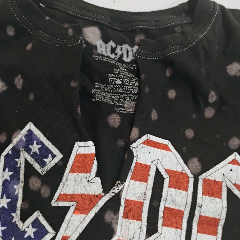AC/DC Black Bleached Short Sleeve Tee with Stars & Stripes Logo - Picture 3 of 7